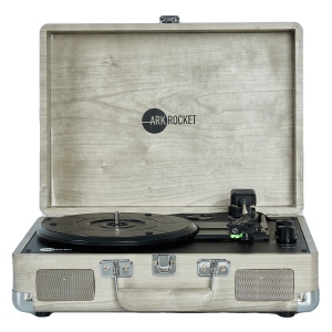 Arkrocket Curiosity Bluetooth Turntable Retro Suitcase 3-Speed Record Player with Built-in Speakers-Gray woodgrain