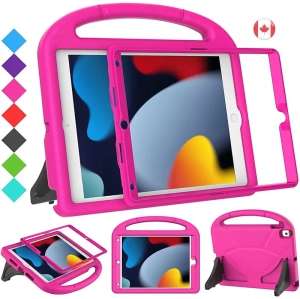 Durable Kids Case for iPad 9th/8th/7th Gen (Pink): Built-in Screen, Handle Stand, Fun Design