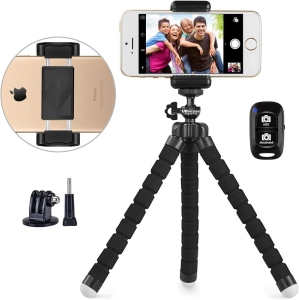 Phone Tripod, Portable and Adjustable Camera Stand Holder with Wireless Remote and Universal Clip, Compatible with iPhone, Android Phone, Camera, Camera GoPro