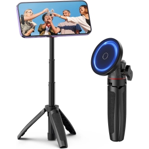 Magnetic Cell Phone Tripod Compatible with MagSafe, Mini Extendable Selfie Stick 360° Ball Head Tripod Stand Handle Grip for iPhone 14 13 12 Series