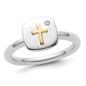 Sterling Silver Cross Ring with Yellow Cross and Accent Diamond