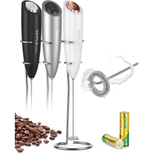 Milk Frother Handheld Battery Operated Electric Foam Maker, Drink Mixer with Stainless Steel Whisk and Stand for Bulletproof Coffee, Cappuccino, Latte White