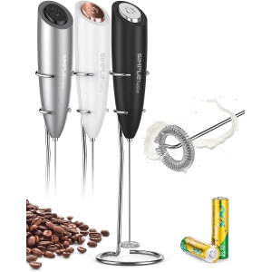Milk Frother Handheld Battery Operated Electric Foam Maker, Drink Mixer with Stainless Steel Whisk and Stand for Bulletproof Coffee, Cappuccino, Latte Black
