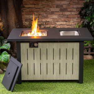 Deko Living 42 Inch Rectangular Outdoor Propane Gas Fire Pit Table 50,000 BTU Heater with Glass Bead Filler and Ice Bucket