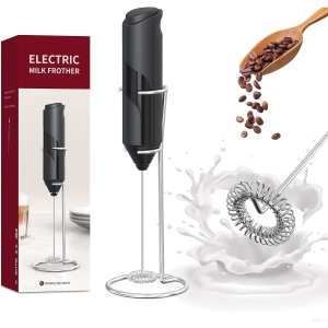 Milk Coffee Frother Handheld with Stand Drink Blender Stirrers Mixer Foamer Whisk Electric Mini for Cappuccino, Hot Chocolate, Lattes, Matcha (Black)