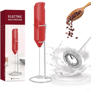 Milk Coffee Frother Handheld with Stand Drink Blender Stirrers Mixer Foamer Whisk Electric Mini for Cappuccino, Hot Chocolate, Lattes, Matcha (Red)