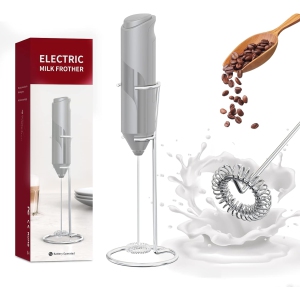 Milk Coffee Frother Handheld with Stand Drink Blender Stirrers Mixer Foamer Whisk Electric Mini for Cappuccino, Hot Chocolate, Lattes, Matcha (Grey)