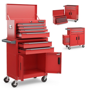Gymax 2 in 1 Rolling Cabinet Storage Organizer Chest Box Garage 6 Drawer Toolbox Red