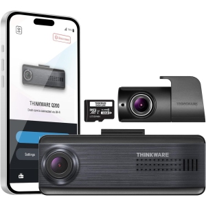 Thinkware Q200 2CH Dash Cam Front Rear 2K Car Dashboard Camera, WiFi, WDR, Speed Red Light Alerts, ADAS, 256GB Max, Parking Monitor, Night Vision (32GB, Hardwiring Cable, GPS)