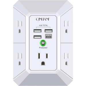USB Wall Charger, Surge Protector, 5 Outlet Extender with 4 USB Charging Ports (4.8A) 3-Sided 1680J Power Strip Multi Plug Outlets Wall Adapter Spaced for Home Office (3U1C)