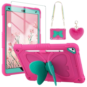 IPad 9th Generation Case 8th 7th Gen 10.2 inch with Screen Protector/Butterfly Kickstand/Lanyard/Keychain Rugged Case with Pencil Holder for Kids Girls Cover Rose Red