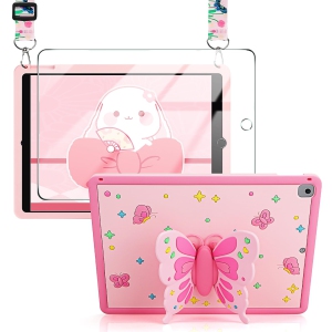 IPad 9th Generation Case Kids Butterfly iPad 8th 7th Gen 10.2 Case with Screen Protector Kickstand Lanyard Soft Silicone Shockproof Tablet Protective Cover 10.2 Inch Pink