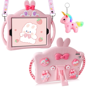 IPad 6th 5th Generation Case Kids, iPad 9.7 Case with Kickstand/Lanyard/Keychain/Handle for Girls, Cute Rabbit Soft Silicone Shockproof Tablet Protective Cover Pink