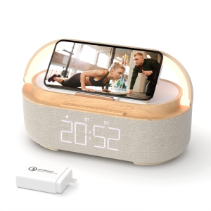 Bluetooth Speaker Alarm Clock with 15W Wireless Charger, FM Radio, Adjustable LED Night Light, Dual Speakers, Phone Holder, Digital Display, 1800mAh Battery Backup for Bedroom