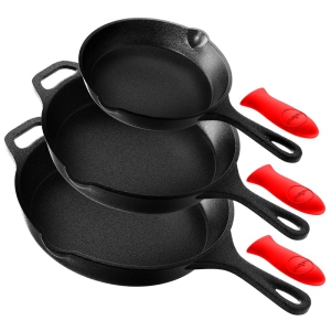 Kitchen Skillet Pans - Pre-Seasoned Iron Skillet Cooking Pan Set with Cool Touch Comfort Handles (3 Pcs.)
