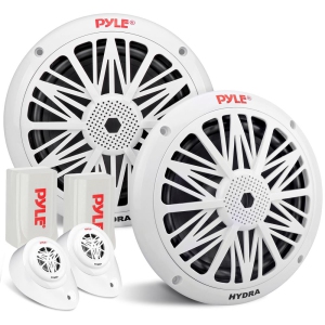 Pyle Dual 6.5'' Water Resistant Marine Speakers, 2-Way Full Range Stereo Sound, Built-in Tweeters, 200 Watt, White (Pair)