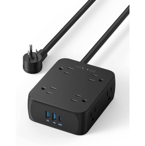 2000J Surge Protector, 2 USB-A Ports and 1 USB-C Port, USB Power Strip with 8 Outlets, 20W Power Delivery for iPhone 14, 5ft Extension Cord, Flat Plug for Home Office