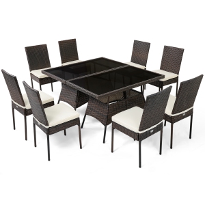 Gymax 10 PCS Rattan Dining Set w/ Glass Table & High Back Chair Patio Mix Brown