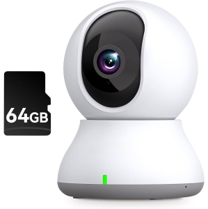 Security Camera, 2K BabyPet Cameras 360-degree for Home Security Motion Tracking, IR Night Vision, Works with Alexa & Google Assistant & IFTTT, White + 64GB TF Card