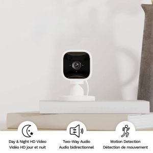 Compact indoor plug-in smart security camera, 1080p HD video, night vision, two-way audio, easy set up, Works with Alexa (White)