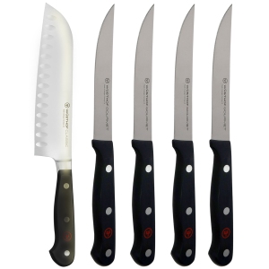 Wusthof Gourmet 4 Piece Steak Knife Set with Classic 7" Santoku Kitchen Knife