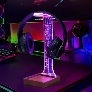 Headphone Stand with Tray, Wood Holder for Gaming Headset with Blue/Pink LED Night Lights. Perfect Gifts for Gamers, Men, and Music Lovers.