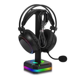 Headphones Stand, Headphone Holder with Hooks for Earphone, Earbuds, Cables, Headset Stand with RGB Lights for Desk Decoration, Ideal Gift for Friend & Gaming Partner