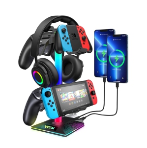 RGB Gaming Headphones Stand with 2 USB and 1 Type-C Ports,VCOM Headset Stand with 10 Light Modes and Non-Slip Rubber,Suitable for All Earphone Accessories