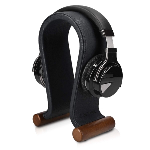 Headphone Stand - Synthetic Leather Headset Hanger with Wood Base - Holder for Wired, Wireless, Gaming, DJ, Studio Headphones - Black