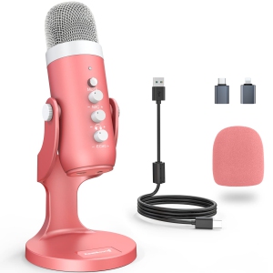 Gaming USB Microphone,Pink Microphone with Quick Mute for Phone Computer PC PS5,Studio Mic with Gain Control,Echo&Monitor Volume Adjust for Streaming Vocal Recording ASMR