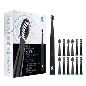Pursonic USB Rechargeable Sonic toothbrush with 12 Brush Heads - Black