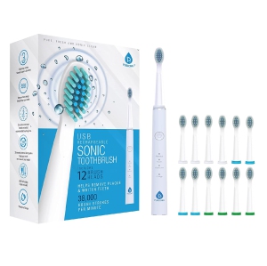 Pursonic USB Rechargeable Sonic toothbrush with 12 Brush Heads - White