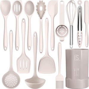 Ensemble d'ustensiles de cuisine en silicone - Résistant à la chaleur jusqu'à 446 °F, ensemble d'ustensiles de cuisine comprenant une spatule, des pinces, une cuillère, un pinceau, un fouet, compatible avec les ustensiles de cuisine antiadhésifs, lave-vaisselle compatible (sans BPA)