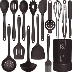 Ensemble d'ustensiles de cuisine en silicone - Résistant à la chaleur jusqu'à 446 °F, ensemble d'ustensiles de cuisine comprenant une spatule, des pinces, une cuillère, un pinceau, un fouet, compatible avec les ustensiles de cuisine antiadhésifs, lave-vaisselle compatible (sans BPA)