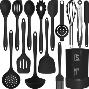 Ensemble d'ustensiles de cuisine en silicone - Résistant à la chaleur jusqu'à 446 °F, ensemble d'ustensiles de cuisine comprenant une spatule, des pinces, une cuillère, un pinceau, un fouet, compatible avec les ustensiles de cuisine antiadhésifs, lave-vaisselle compatible (sans BPA)