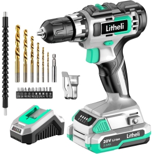 Litheli Cordless Drill Driver,20V Max Power Drill Cordless Set,Variable Speed, 2.0 Ah Battery and 1 Hour Fast Charger Included