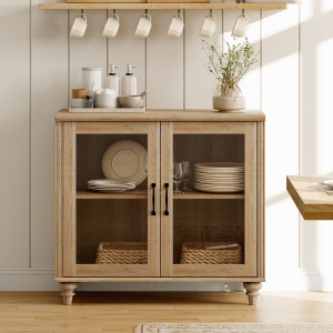 WAMAPT Sideboard Buffet Cabinet with Glass Door,Kitchen Storage Cabinets,Wood Coffee Bar Tables with Adjustable Shelf,Accent Sideboard Storage Cabinet Table Dining Room, Oak