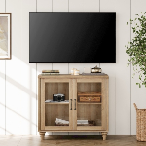 WAMPAT Farmhouse TV Stand for TVs Up to 43 inch,Glass Wood Universal TV Stand with 2 Storage Cabinets,Oak Entertainment Center for 32-43 inch Media Console Table for Living Room