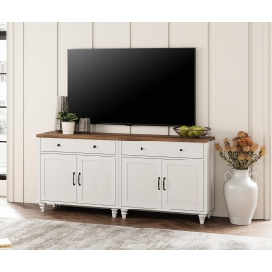 WAMPAT Farmhouse TV Stand for 75 inches TV with 4 Doors and 2 Drawers,Wood Universal TV Stand with Storage Cabinets,White Entertainment Center TV Console Table for Living Room