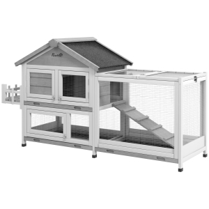 PawHut 65" Wooden Rabbit Hutch, Pet Playpen with Openable Roof, Bunny House Enclosure with Storage Box, Slide-out Tray, Ramp, for Rabbits and Small Animals, Grey
