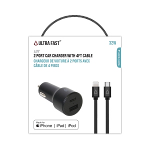 LBT 20W PD Dual-port Car Charger with 4 ft USB-C to Lightning Cable