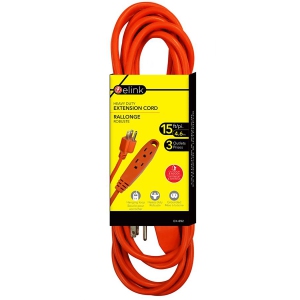 Elink - 3 Outlet Outdoor Electrical Extension Cord, 15 Feet Length, Orange