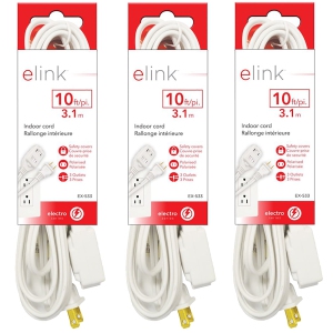 Elink - Set of 3 3-Outlet Indoor Electrical Extension Cords, 10 Feet Length, White