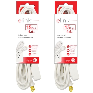 Elink - Set of 2 3-Outlet Indoor Electrical Extension Cords, 15 Feet Length, White