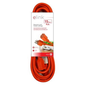 Elink - 1 Outlet Outdoor Electrical Extension Cord, 15 Feet Length, Orange
