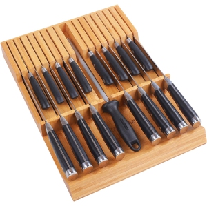 in-Drawer Knife Block Bamboo Kitchen Knife Drawer Organizer,Large Handle Steak Knife Holder Without Knives, fit for 16 Knives and 1 Sharpening Steel --KNIVES NOT INCLUDED--