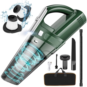 NIERBO Mini Cordless Bagless Handheld Vacuum for Car with 8000Pa Suction, 25 min Runtime, HEPA, LED Light, 3 Tools - Green