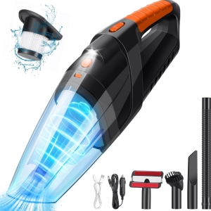 NIERBO Powerful Handheld Cordless Bagless Wet/Dry Handheld Vacuum for Home & Car with 9000Pa Suction, LED Light, 30 min Runtime, 4 Tools - Black/Orange
