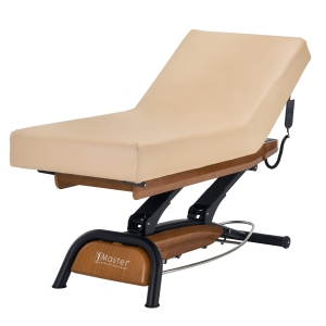 Master Massage Atlas Liftback Electric Lift Height Adjustable Spa Bed Salon Bed Beauty Table- Cream Top with Oak Base