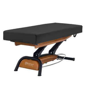 Master Massage Atlas Flat Electric Lift Height Adjustable Spa Bed Salon Bed Beauty Table- Oak Base, Cream Top with Interchangable Black Upholstery